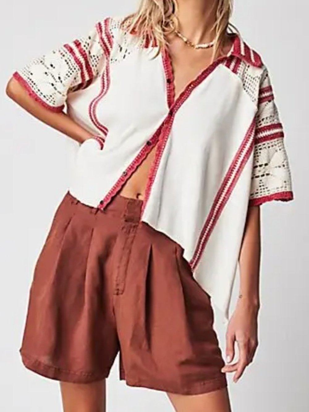 Free People White Crochet-Trim Button Down with Red Accents